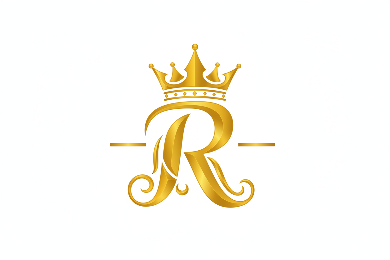 a capital r in gold with a 5 point crown and a a single dash to the left and right of the capital r
